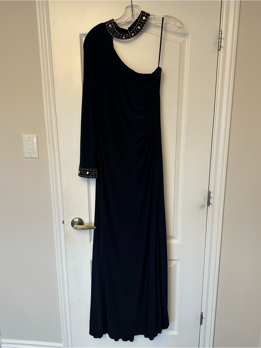 Elegant One-Shoulder Navy Evening Gown with Embellished Neckline